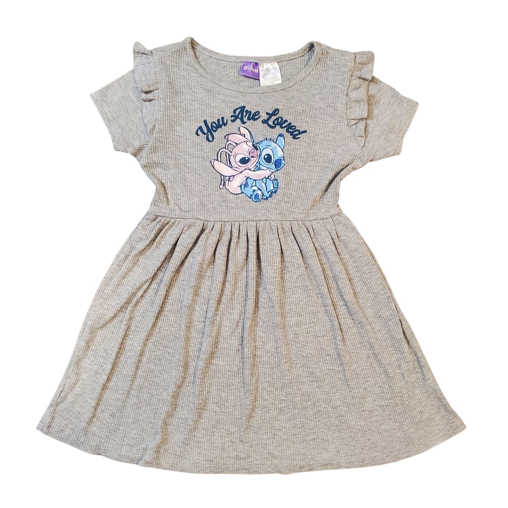 Disney Lilo Stitch Dress Girls Size 5 Gray Fit and Flare Ruffle Short Sleeve
